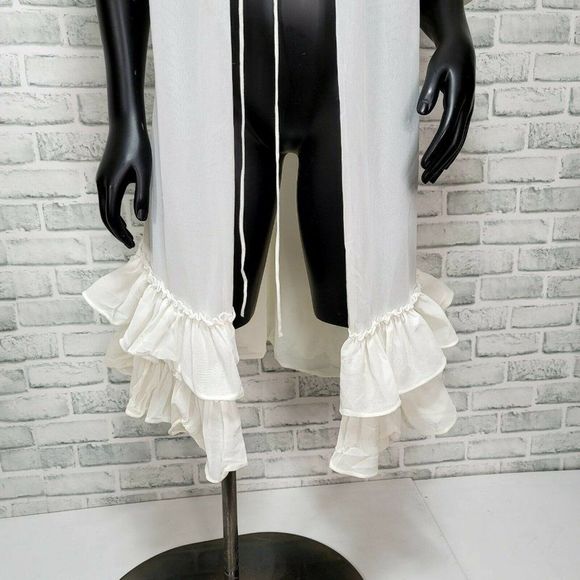 Vintage 70s Sheer Ivory Nylon Robe Ruffle Trim Puff Short Sleeve Tie Collar - Picture 3 of 10